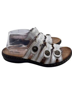 Clarks Size 10  White Perforated Falk Leather Slide Sandals Accents Button